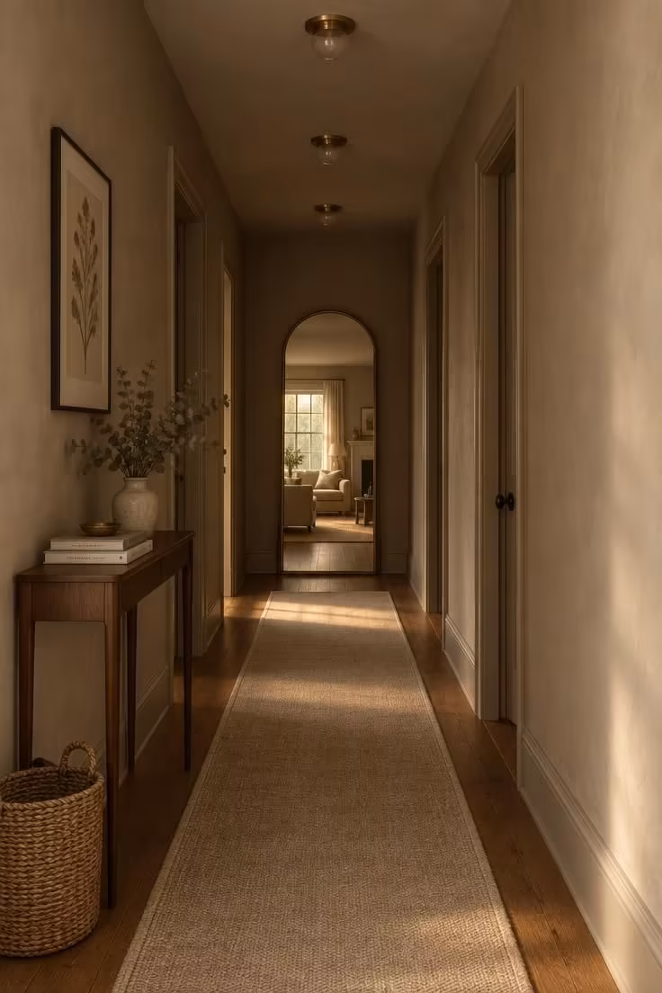 Simple Spaces 18 A narrow hallway with warm greige walls, a leaning arched mirror at the end, a slim runner, and small brass flush lights overhead.