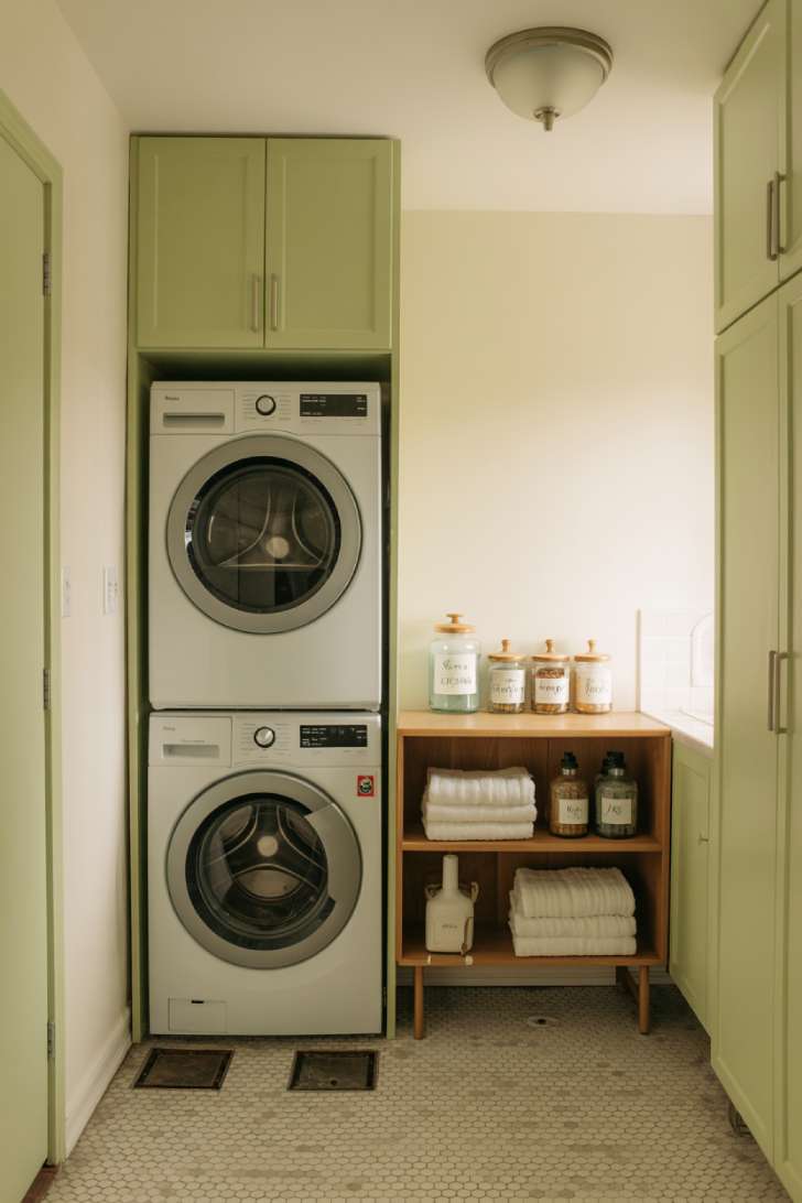 A stacked washer and dryer inside a sage green cabinet enclosure in a narrow laundry room