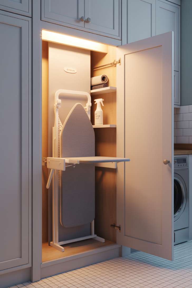 A fold-out ironing board concealed inside a white laundry room cabinet door