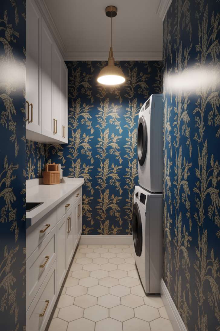 A narrow laundry room with deep navy botanical wallpaper and white cabinetry with brass hardware