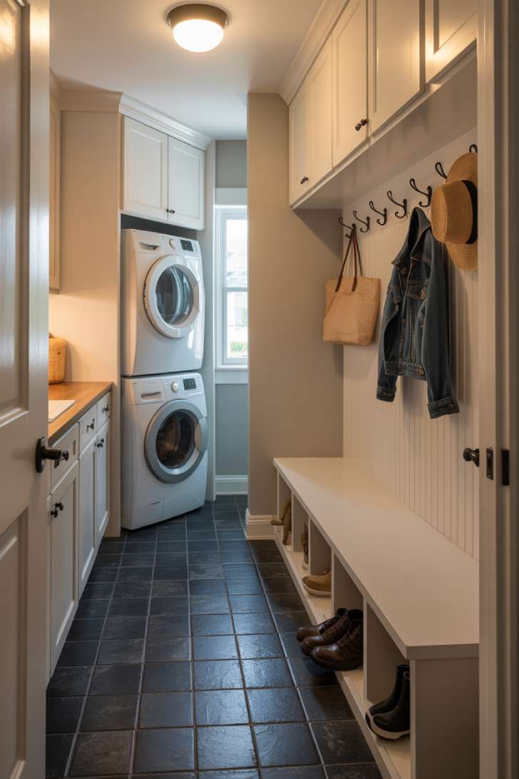 A narrow laundry room doubling as a mudroom with a built-in bench, wall hooks, and shoe cubbies on one wall
