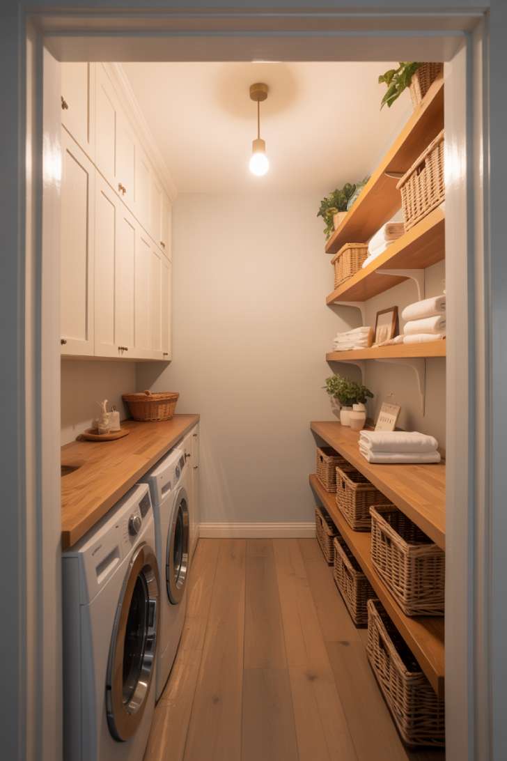 A galley-style narrow laundry room with appliances and cabinetry on opposing walls