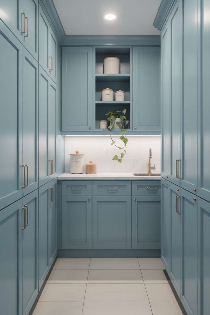 Floor-to-ceiling dusty blue cabinetry lining one wall of a narrow laundry room