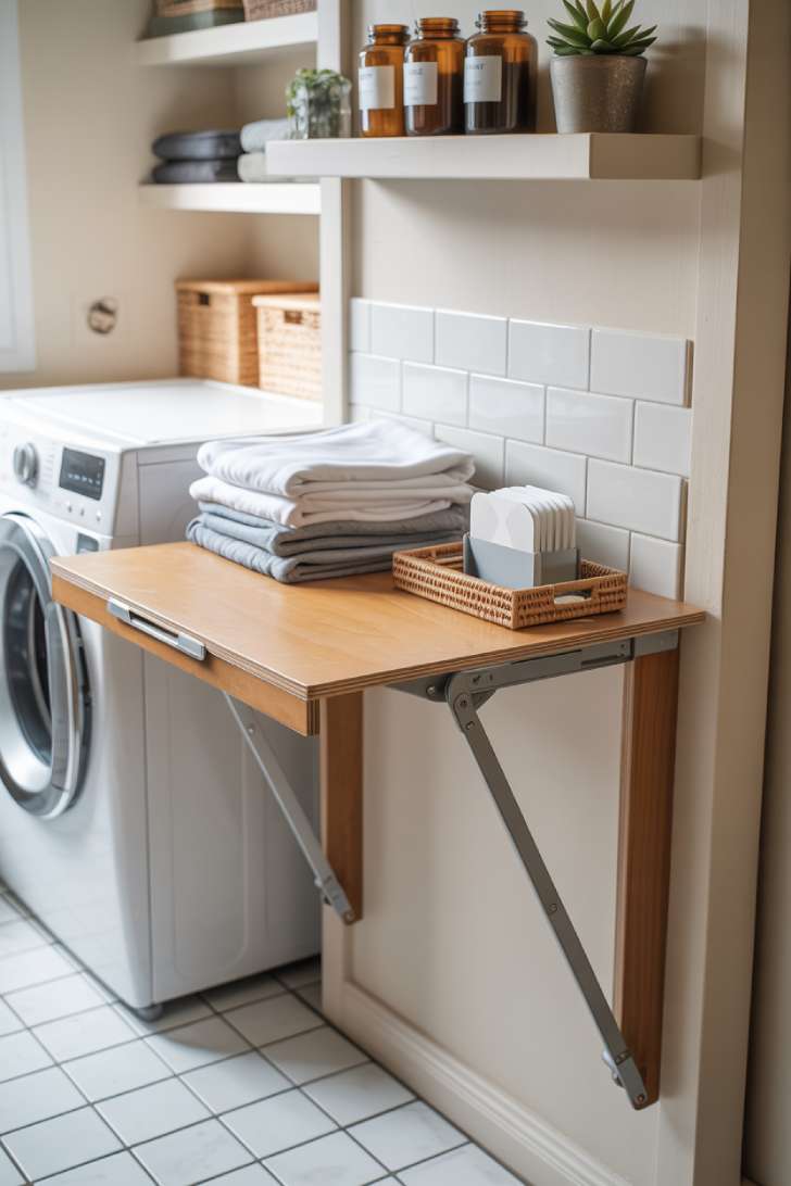 A fold-down wooden countertop mounted on a white subway tile wall in a narrow laundry room