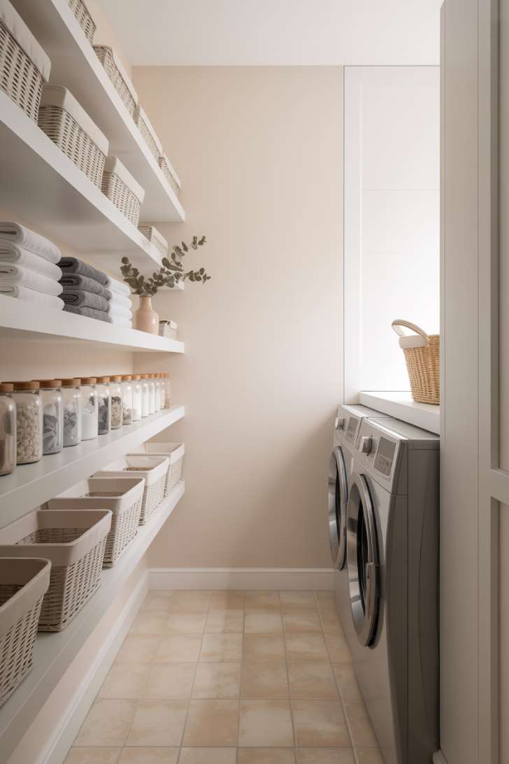 Three rows of white floating shelves spanning the full wall of a narrow laundry room