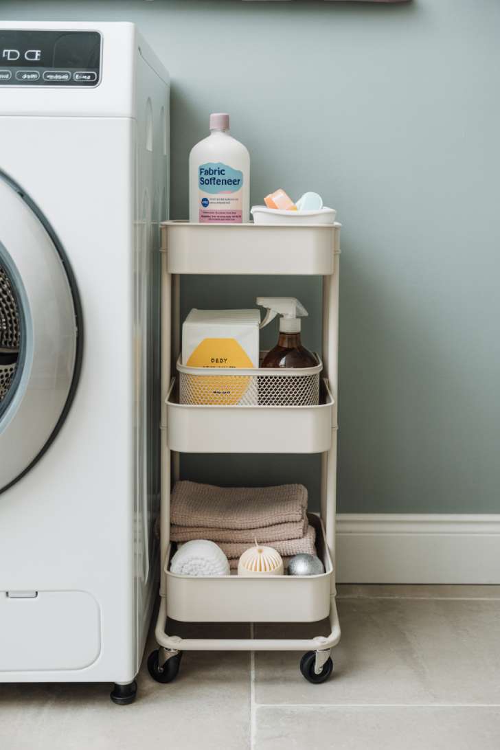 A slim white rolling cart slotted between a washing machine and a wall in a narrow laundry room