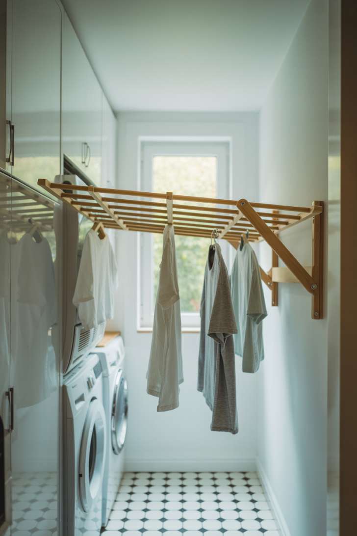 A wall-mounted retractable wooden drying rack extended with hanging garments in a narrow laundry room