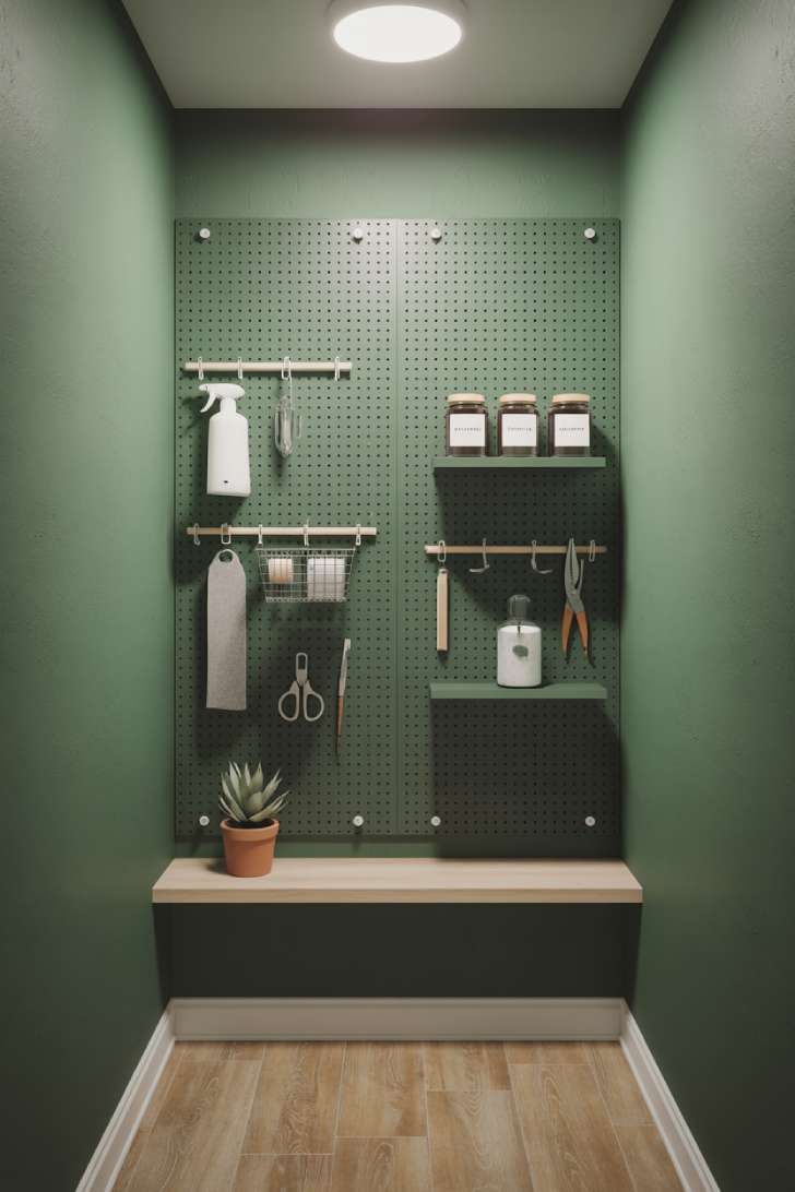 A deep green painted pegboard wall with organized laundry tools and supplies in a narrow laundry room