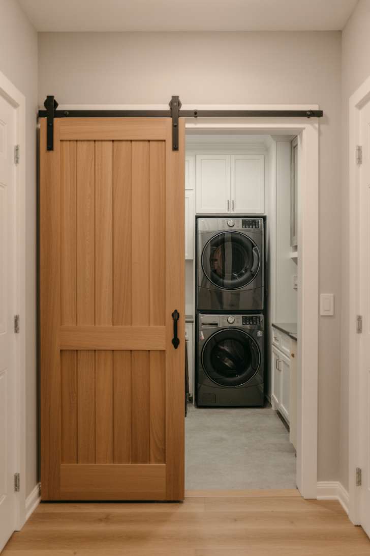 A barn-style sliding oak door pulled open to reveal the interior of a narrow laundry room