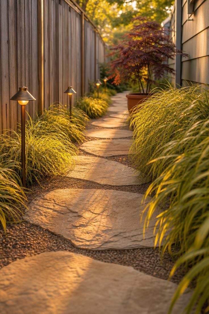 Sandstone stepping path through a narrow side yard lined with golden Japanese forest grass in warm afternoon light.