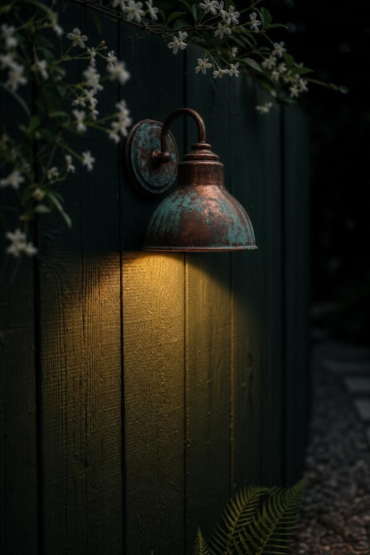 Weathered copper sconce casting warm light on a dark green painted side yard fence at dusk.