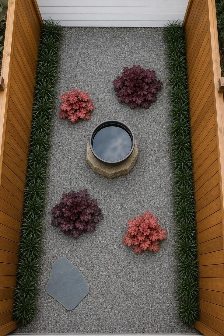 Overhead view of a slim gravel courtyard in a narrow side yard with a cast iron water bowl and plum-toned heuchera.