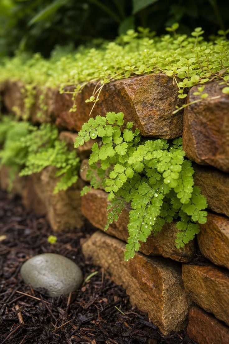 Maidenhair fern fronds growing from crevices in a stacked sandstone retaining wall in a shady side yard.