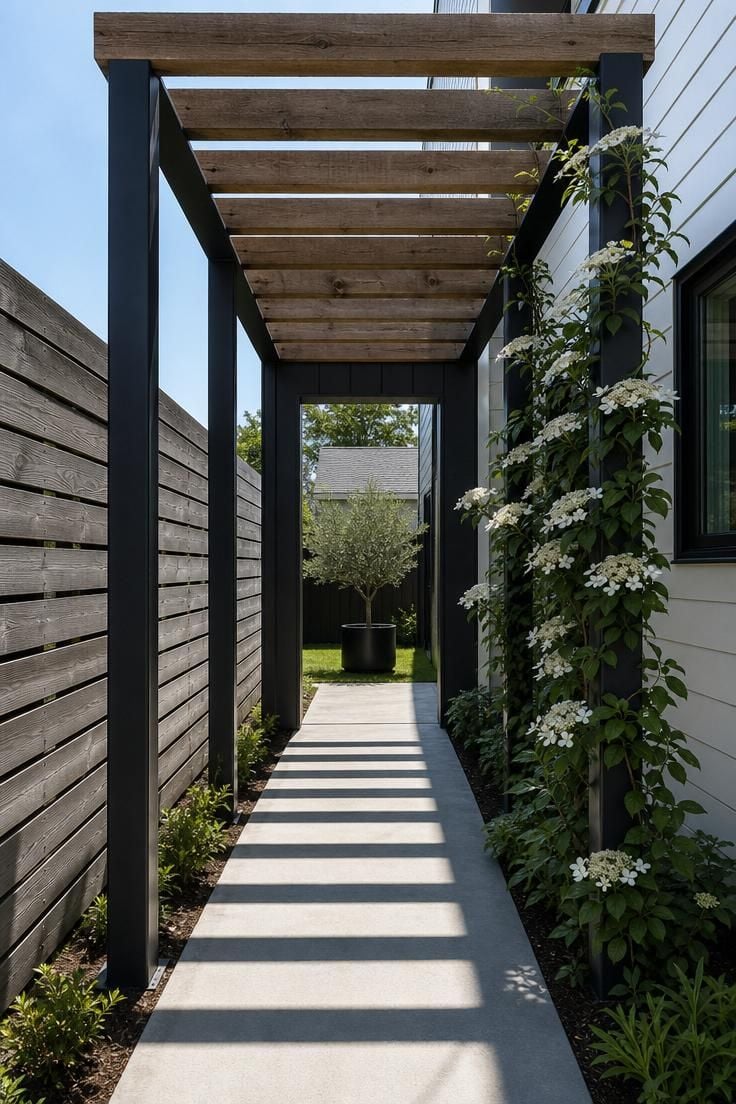 A narrow black steel and cedar pergola casting striped shadows across a concrete side yard path in bright midday light.
