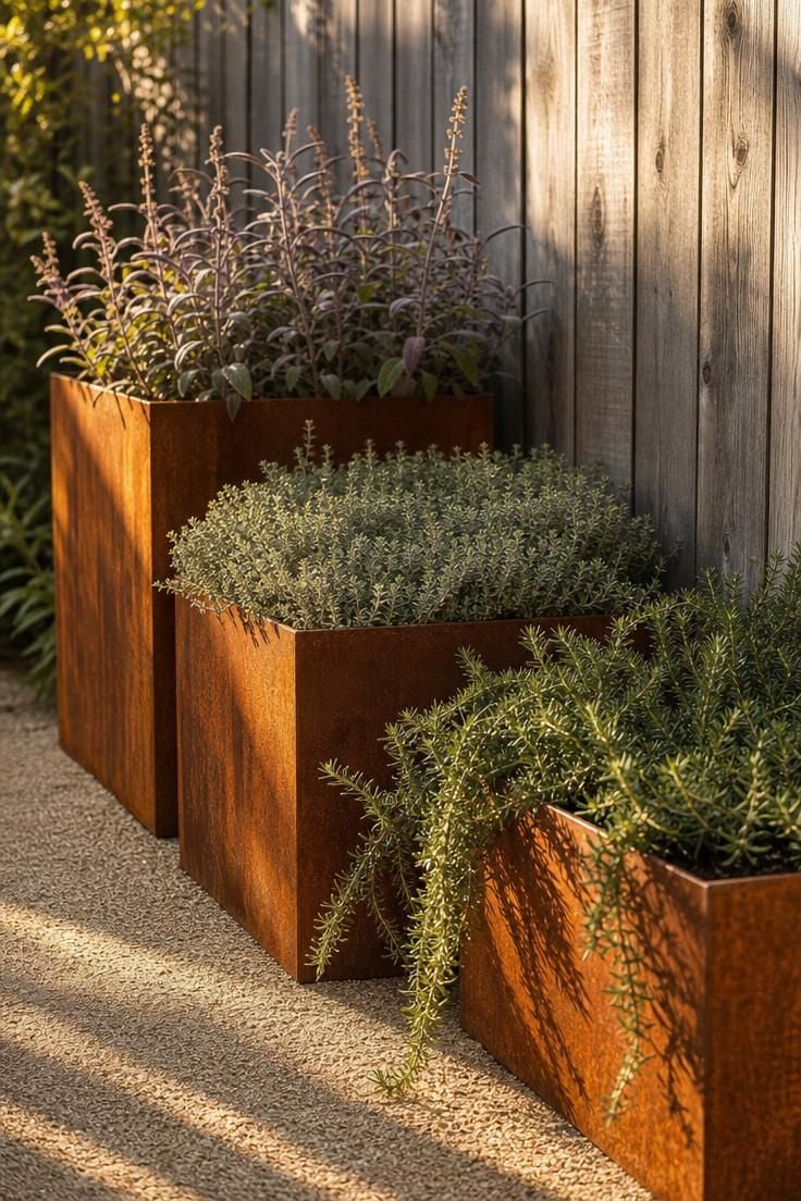 Three terraced corten steel planters with thyme and sage along a narrow side yard fence in golden afternoon light.