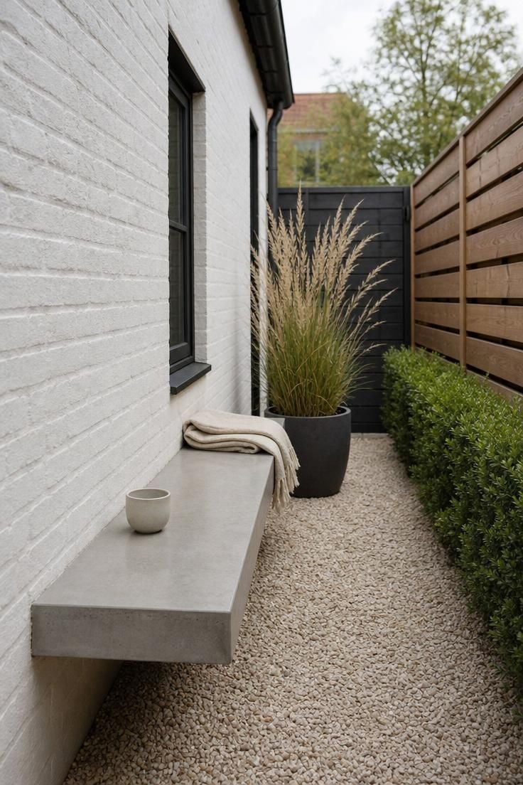 A polished concrete bench cantilevered from a whitewashed brick wall in a narrow side yard under overcast light.