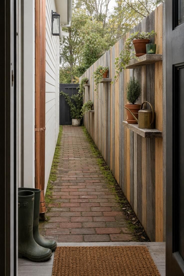 Reclaimed timber fence with integrated shelf planters holding terra cotta pots and a brass watering can in a narrow side yard.