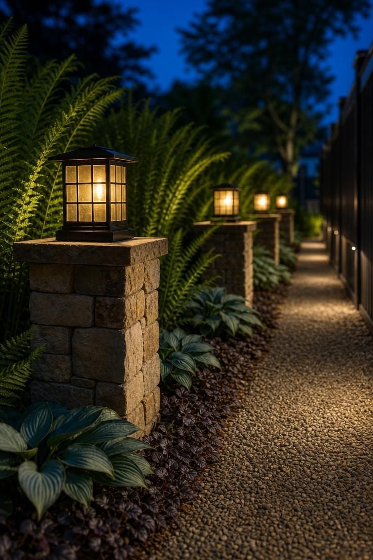 Low sandstone pillars with solar lanterns lining a fern-filled narrow side yard corridor at dusk.