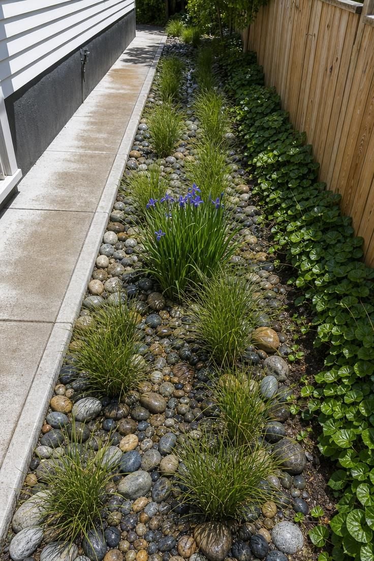 Overhead view of a narrow rain garden with river stone and native sedges running along a side yard in bright midday light.