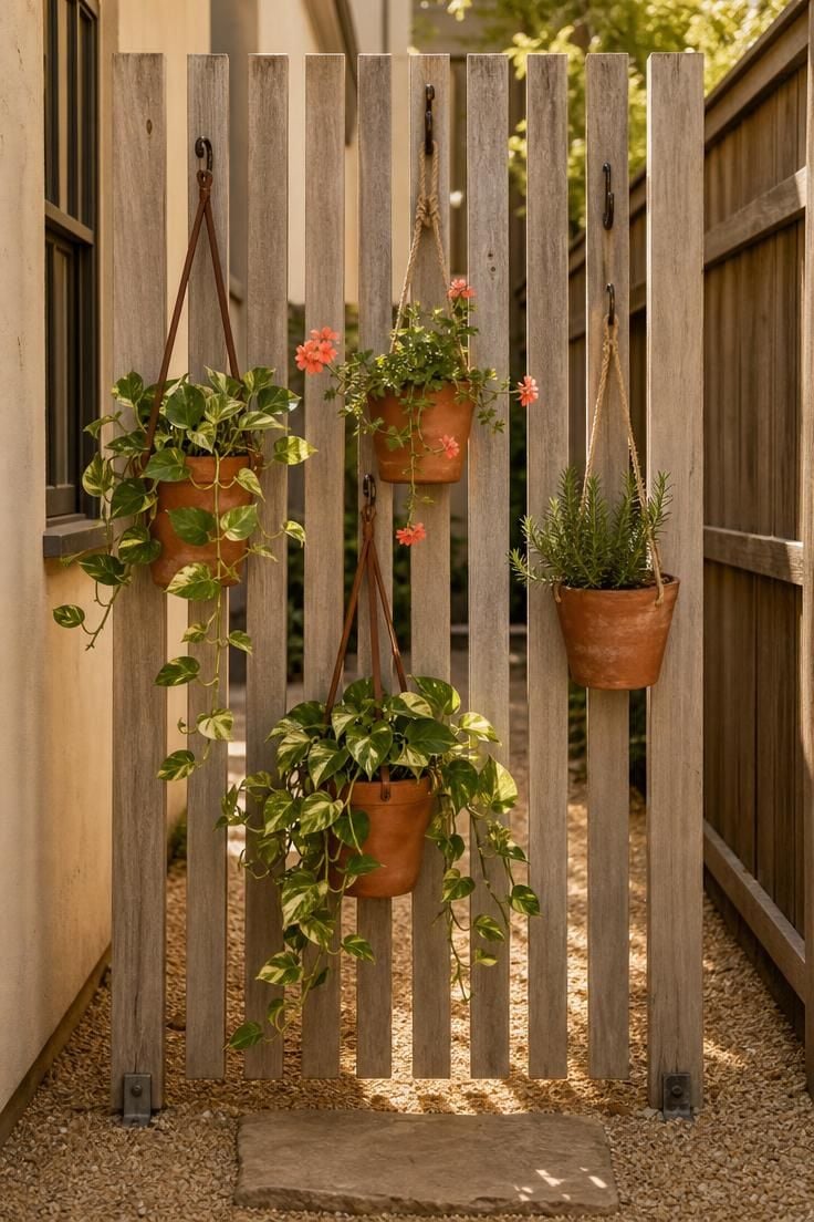Hanging terra cotta pots on a weathered teak slat screen at the entrance of a narrow side yard in golden light.