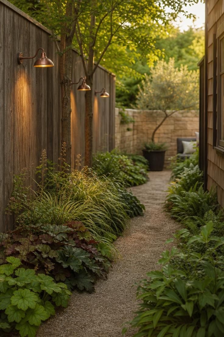Simple Spaces 16 A lush narrow side yard with a curving gravel path, golden afternoon light, and copper sconces on a cedar fence leading to a hidden seating nook.