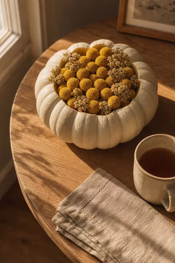 11 Cozy Natural Fall Decor Ideas for a Warm, Calm Home 1 Hollowed white pumpkin filled with dried craspedia on an oak side table as natural fall decor.