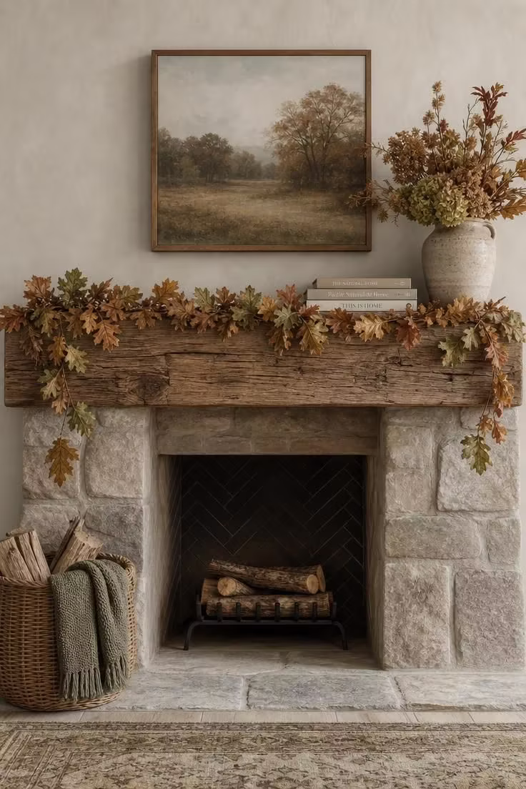 11 Cozy Natural Fall Decor Ideas for a Warm, Calm Home 2 Dried oak-leaf garland with autumn foliage draped along a reclaimed wood beam mantel.