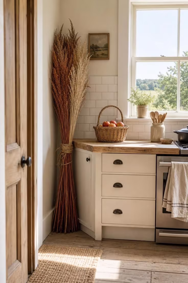 11 Cozy Natural Fall Decor Ideas for a Warm, Calm Home 4 Broom corn bundle tied with jute leaning in a bright kitchen corner.