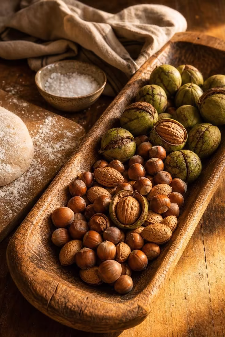 11 Cozy Natural Fall Decor Ideas for a Warm, Calm Home 5 Wooden trencher of walnuts and hazelnuts beside a bread board as natural fall decor.