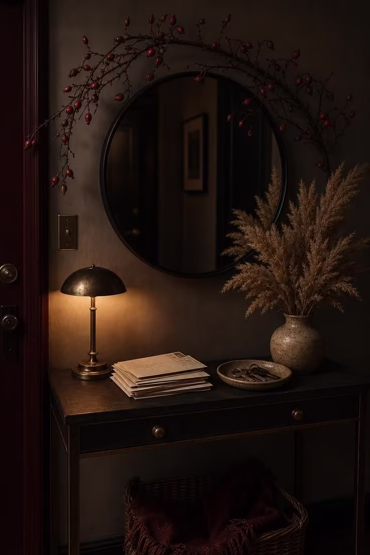 11 Cozy Natural Fall Decor Ideas for a Warm, Calm Home 6 Foraged rose hip branch arched over a round entry mirror with pampas grass below.