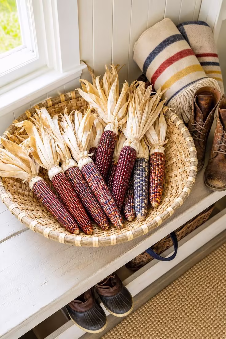 11 Cozy Natural Fall Decor Ideas for a Warm, Calm Home 7 Shallow woven basket of ornamental corn and dried husks on a mudroom bench.