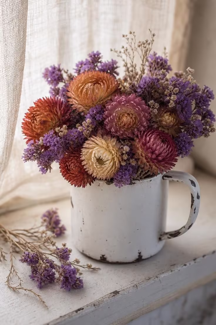 11 Cozy Natural Fall Decor Ideas for a Warm, Calm Home 8 Dried strawflowers and statice in a chipped enamel mug on a windowsill.