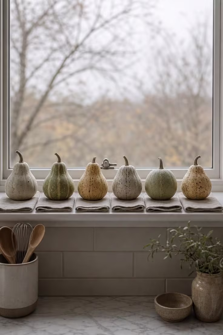11 Cozy Natural Fall Decor Ideas for a Warm, Calm Home 9 Row of mini speckled gourds on folded linen along a kitchen windowsill.