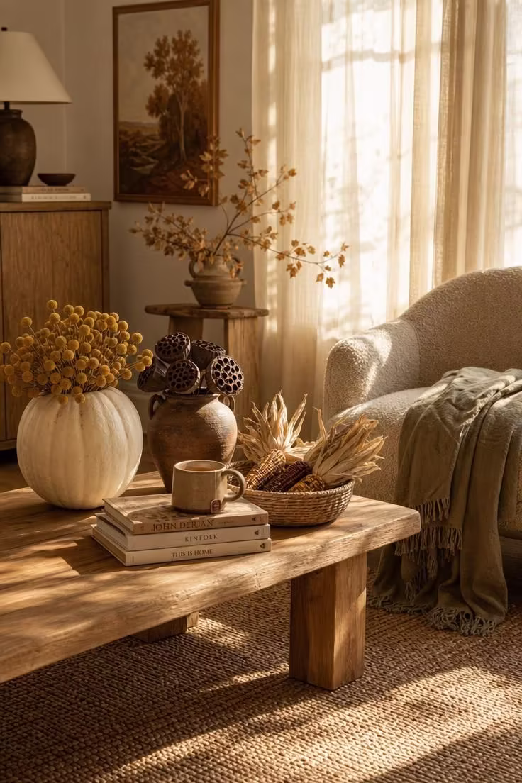 Simple Spaces 14 Cozy autumn living room corner styled with natural fall decor including a white pumpkin, lotus pods, and a woven basket of corn.