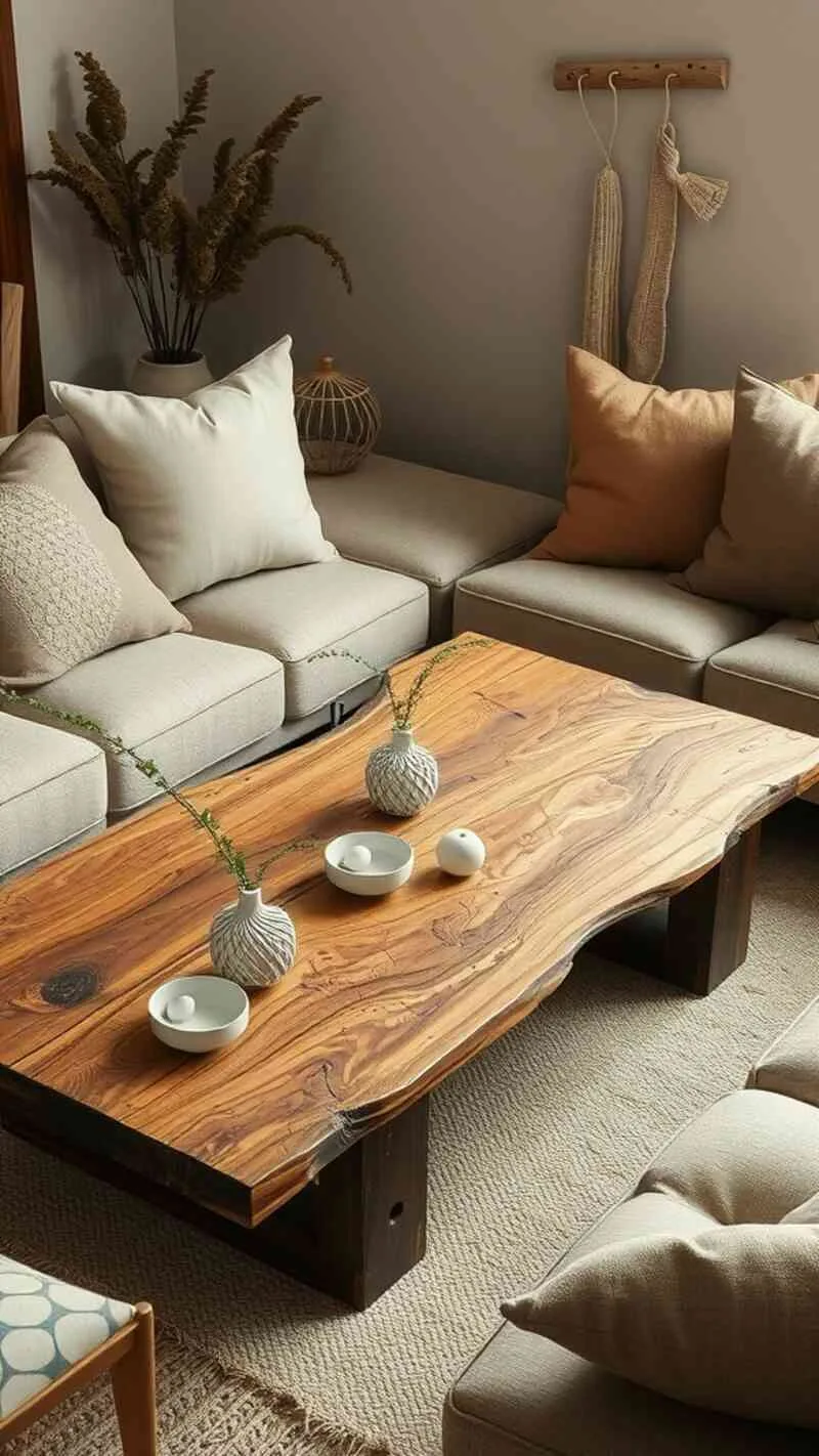 19 Wabi-Sabi Living Room Ideas for a Cozy & Timeless Space 2 A cozy living room featuring a rustic wooden coffee table, soft cushions, and a decorative plant.