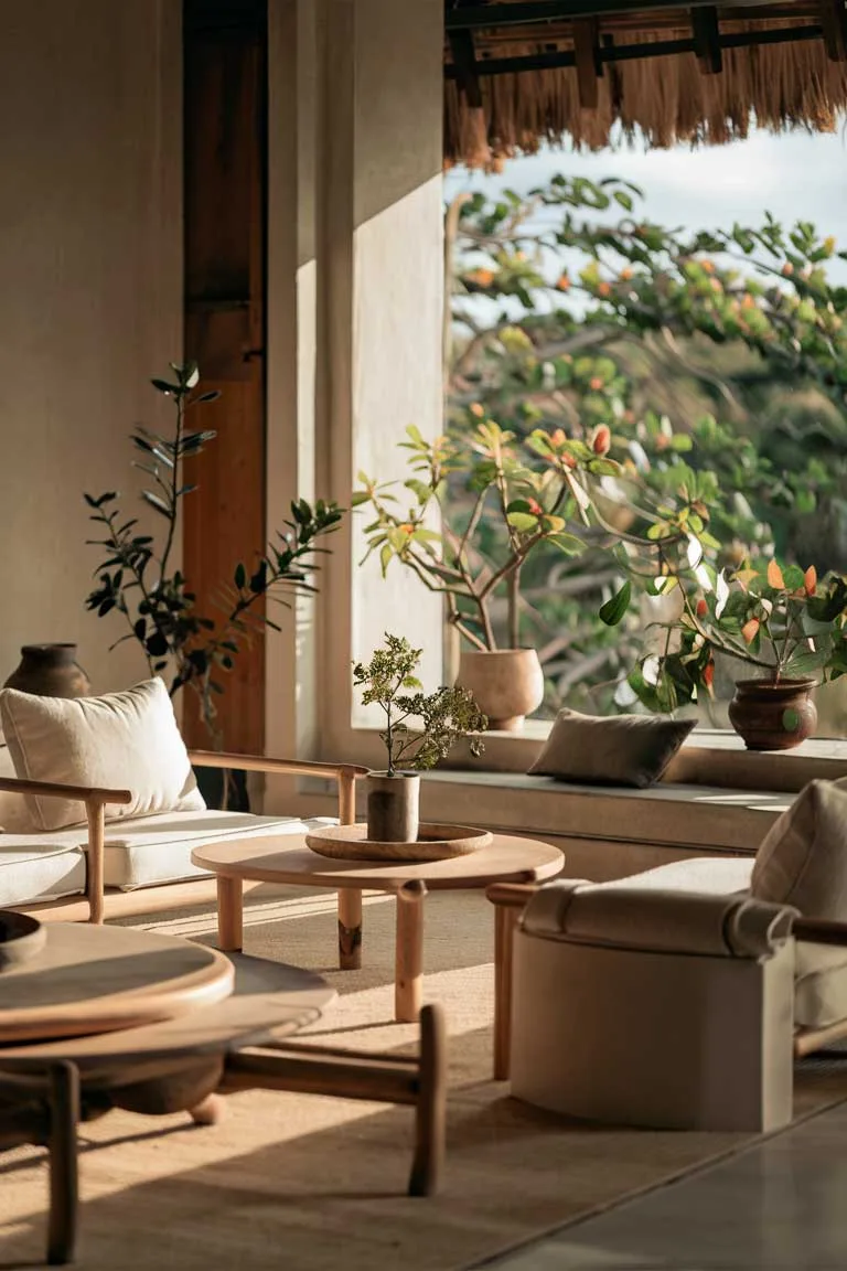  A serene, minimalist living space showcasing natural elements and a refined color palette. The room features simple, yet elegant furniture in neutral tones, accompanied by warm wooden accents. A large window allows ample sunlight to fill the space, highlighting the beauty of the potted plants and a few carefully curated decorative pieces. The overall atmosphere exudes calmness, tranquility, and a harmonious connection with nature.