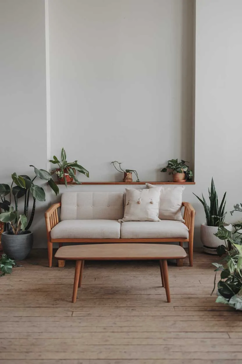 A natural minimalism interior design. There is a beige sofa with wooden legs and a few cushions. There is a wooden coffee table in front of the sofa. The walls are painted in a light gray color. There are a few potted plants scattered around the room. The floor is made of wooden planks.