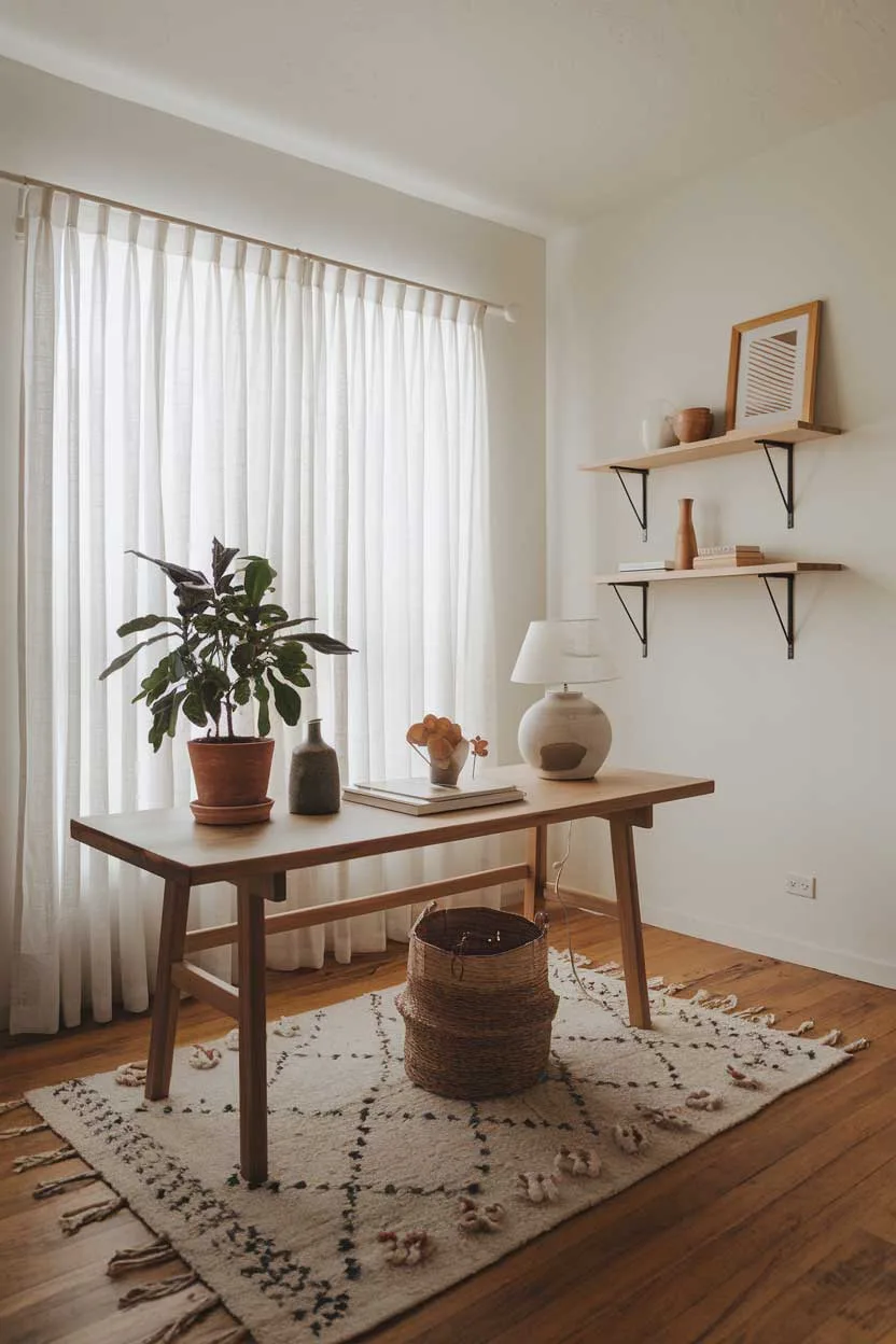 A natural minimalism interior design idea. There's a wooden table with a few items on it, including a potted plant, a vase, and a lamp. The table is placed in front of a large window with curtains. There's a rug beneath the table. The walls are painted white. There are wooden shelves on the wall, holding a few items. The floor is made of hardwood.