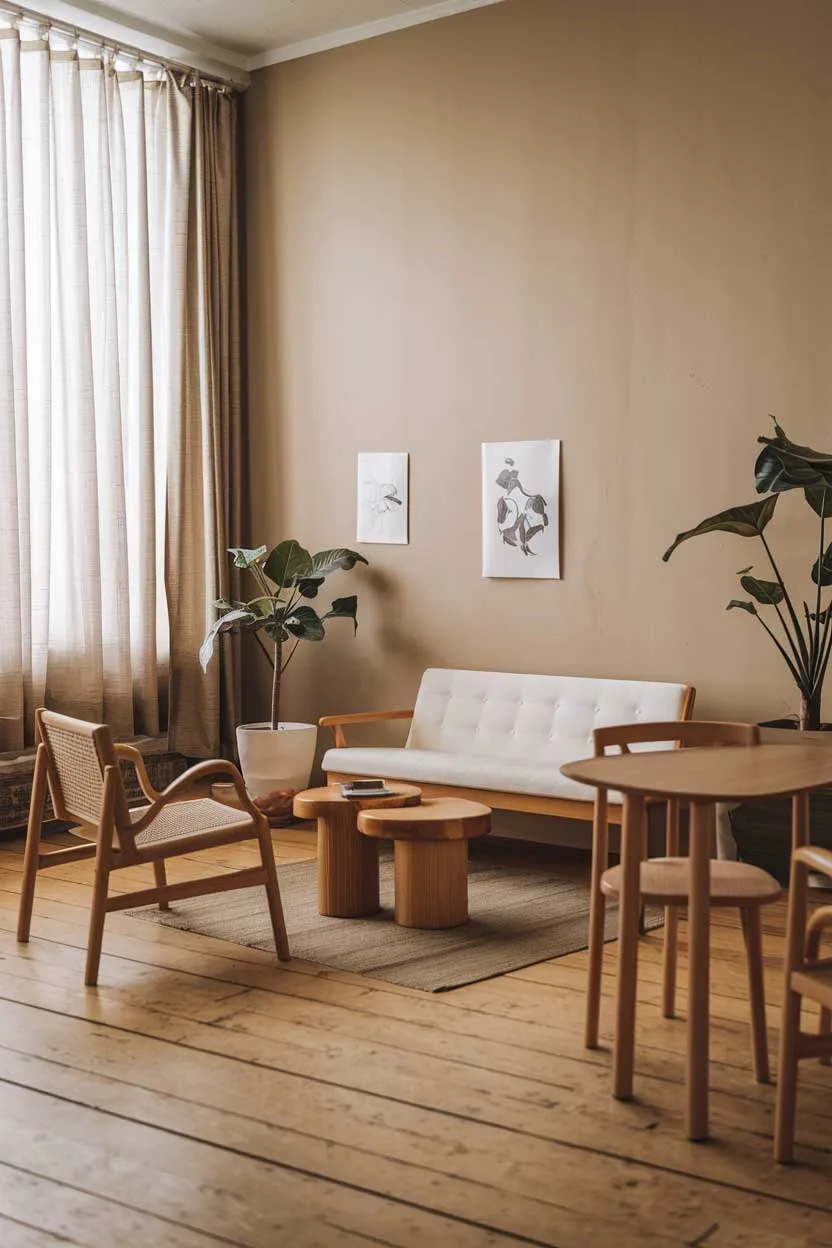 A natural minimalist interior design. The room has a wooden floor and features a white sofa, a few wooden chairs, a wooden table, and a potted plant. The walls are painted beige and have a few small prints hung on them. The room has a large window with curtains. The lighting is soft.