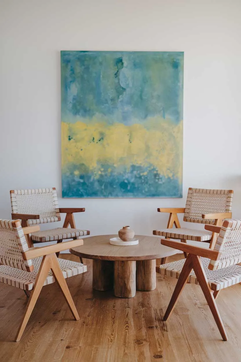 A natural minimalism interior design idea with a few key elements. There is a wooden coffee table in the middle of the room. Surrounding the table are four chairs with woven seats and wooden frames. The wall behind the table has a large, abstract painting with shades of blue and yellow. The floor is made of wood.