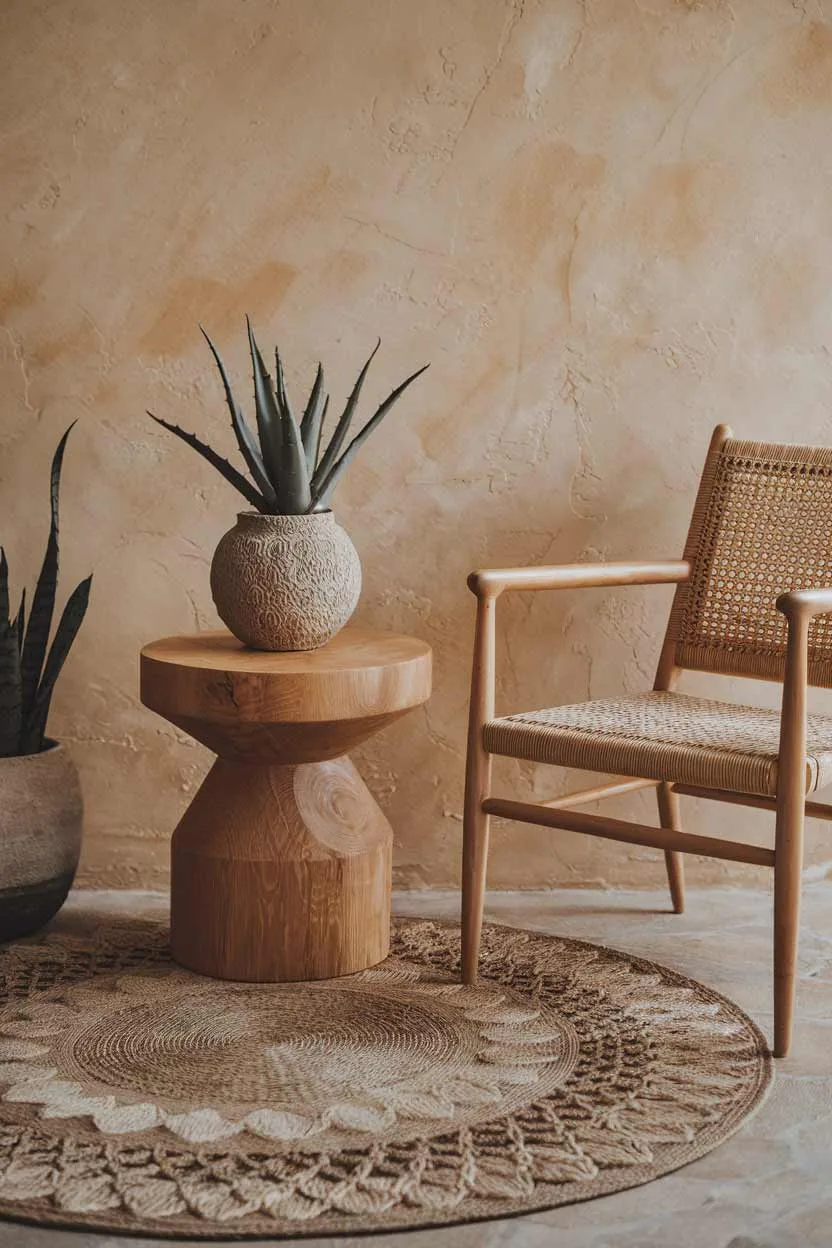 A natural minimalist interior design idea with a few select items. There is a wooden side table with a textured pot holding a plant. Next to the table is a chair made of woven material. The wall behind the items has a textured finish. The floor has a large, round rug with a geometric pattern.