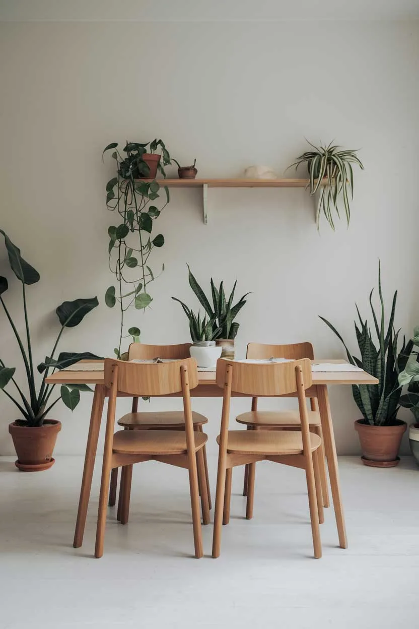 A natural minimalism interior design idea. There is a wooden dining table with four chairs in the middle of the room. The table has a white tablecloth and a few potted plants. There are also a few potted plants scattered around the room. The walls are painted white.