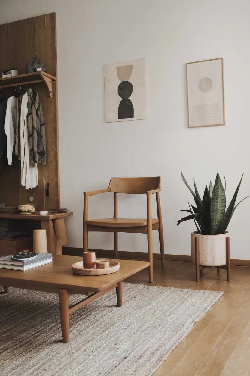 A natural minimalism interior design idea. The room has a wooden floor and a few pieces of furniture. There's a wooden coffee table in the center, with a few items on top. A wooden chair is placed near the wall. A potted plant with green leaves is placed on the floor near the chair. The wall has a few minimalist art pieces. The room has a few items of clothing. The overall design is simple, with a focus on natural materials and textures.