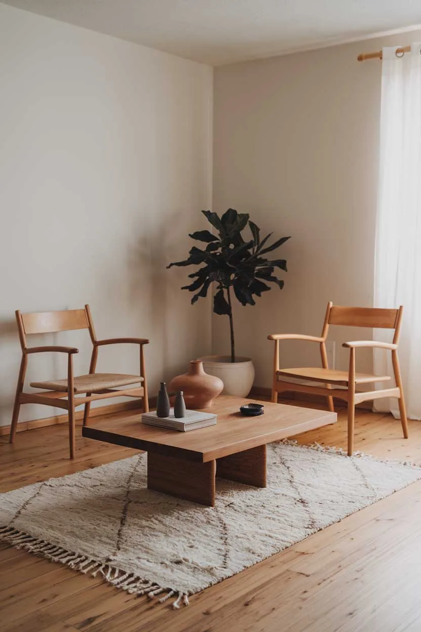 A natural minimalism interior design idea. The room has a wooden floor and is furnished with a few items. There is a wooden coffee table in the middle of the room, with a few objects on top. There are two wooden chairs near the wall. A potted plant is placed near the wall. The walls are painted white. There is a rug beneath the coffee table. The lighting is soft.