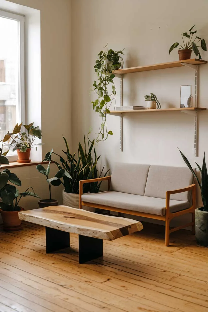 A natural minimalism interior design idea. The room has a wooden floor, a few pieces of furniture, and some plants. There's a sofa with a wooden frame, a coffee table made of wood and stone, and a wooden shelf. There are also some potted plants placed near the window and on the shelf. The walls are painted white.