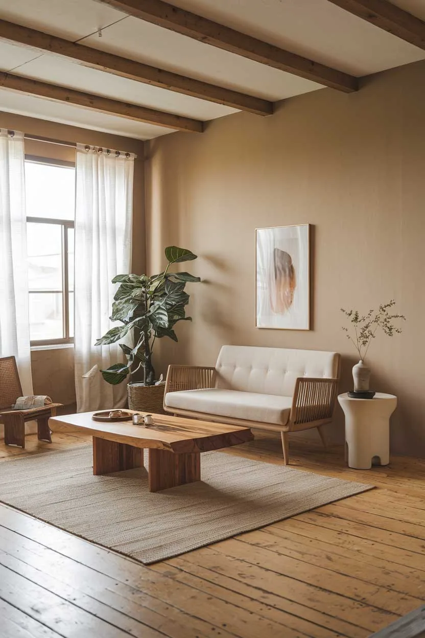 A natural minimalism interior design idea. The room has a wooden floor and is furnished with a beige sofa, a wooden coffee table, and a white side table. There's a potted plant near the window. The walls are painted beige. There's a rug under the sofa. The room has wooden beams on the ceiling.