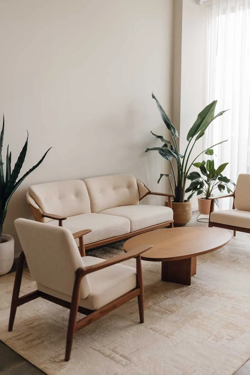 A natural minimalism interior design idea featuring a living room with a few pieces of furniture. There is a beige sofa with wooden legs, a few beige chairs with wooden legs, and a wooden coffee table. The walls are painted white. There are a few potted plants placed around the room.