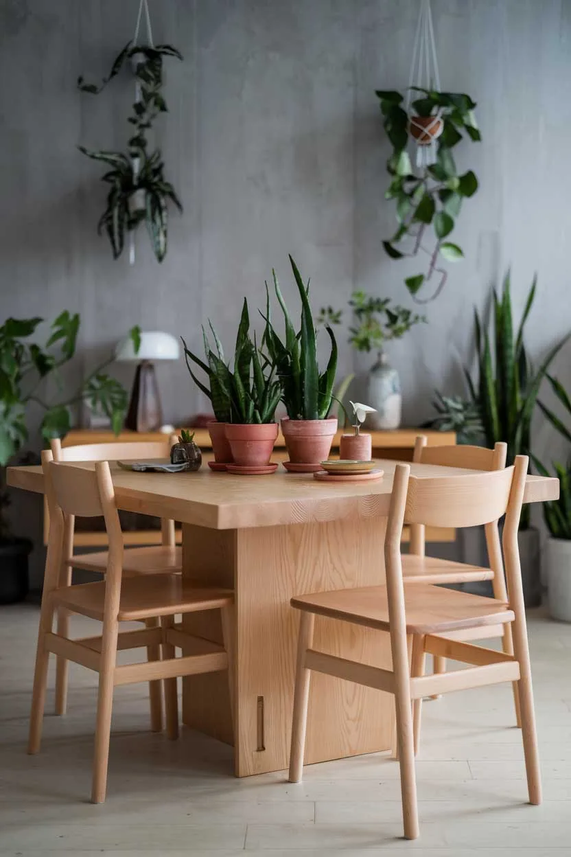 A natural minimalist interior design idea with a wooden dining table and chairs. The table is made of a light wood and has a few potted plants in the center. There are a few other items on the table, including a lamp, a dish, and a small plant. The background is a gray wall with a few hanging plants. The floor is a light wood. The overall image is well-lit.