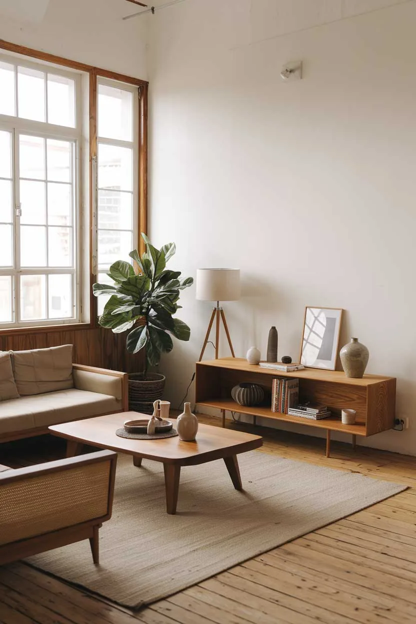 A natural minimalism interior design idea. The room has a wooden floor and is furnished with a beige sofa, a wooden coffee table, and a potted plant. There is a white wall with a few items, including a lamp, a photo frame, and a vase. The room has a few windows with natural light.