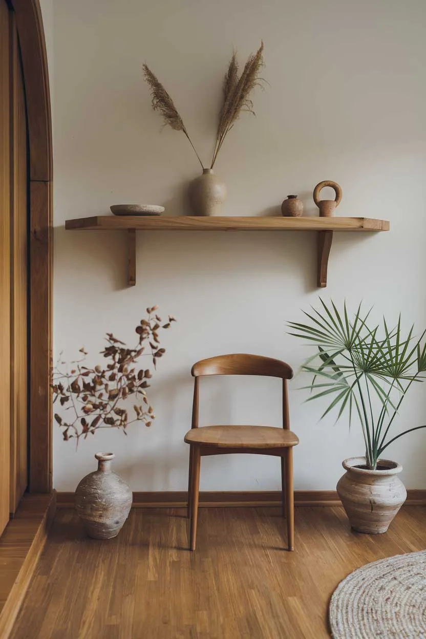 A natural minimalism interior design idea. The room has a wooden floor and is decorated with a few items. There's a wooden chair near the wall and a potted plant on the floor. The wall has a wooden shelf with a vase and a few decorative items.